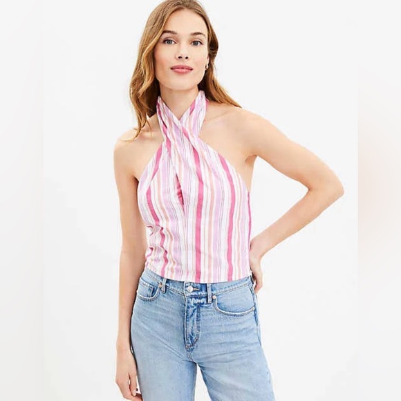 Loft Striped Crossover Halter Top Size Large EUC - Picture 2 of 13